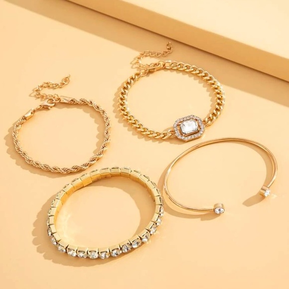 NEW Glamorous Gold Plated Rhinestone Bracelets - 4 Pieces - Picture 3 of 5